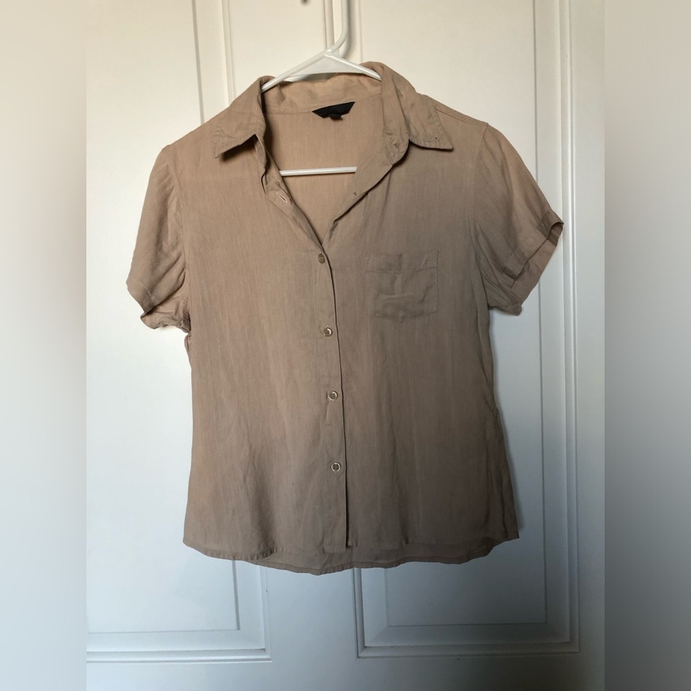 Women Short-Sleeve Beige Button Front Top Size Large